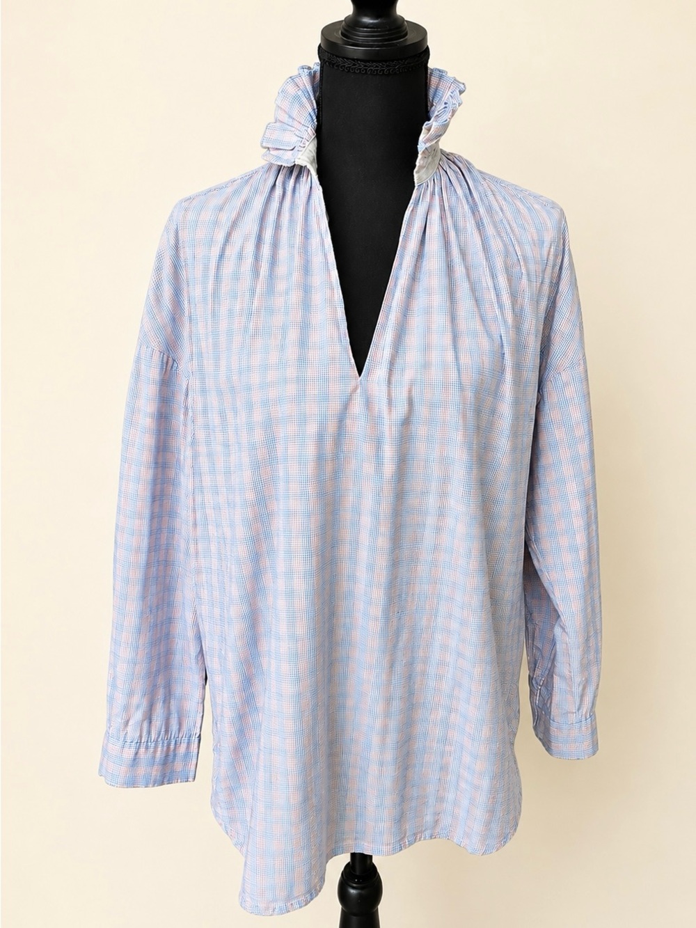 A Shirt Thing Plaid Ruffle Collar Cotton Blouse M Made in ISA